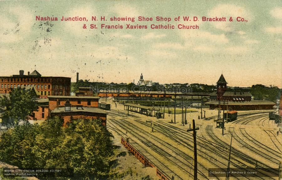 Postcard: Nashua Junction, New Hampshire showing Shoe Shop of W. D. Brackett & Co., and St. Francis Xaviers Catholic Church